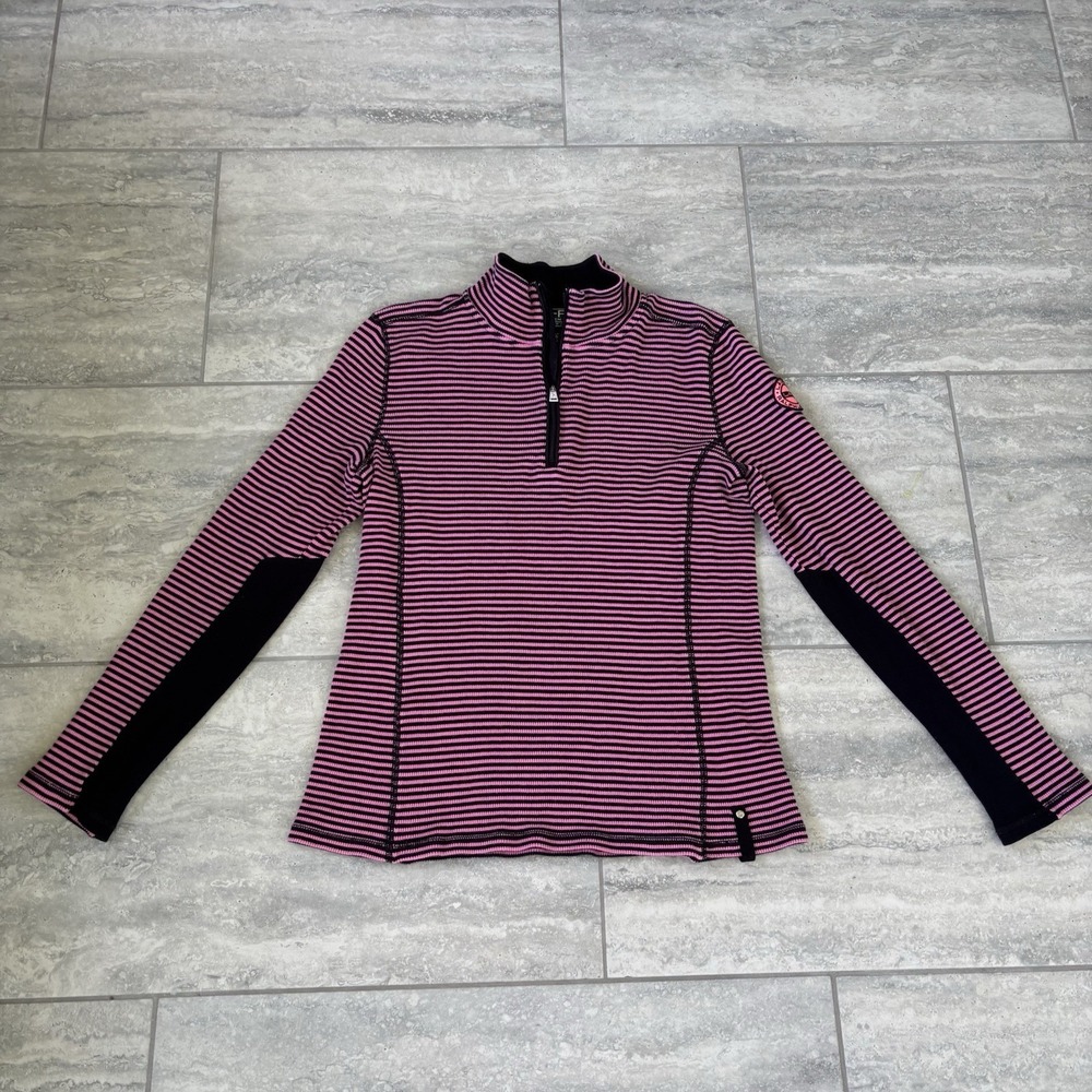 lauren active L-RL Women's‎ Waffle Long Sleeves 3/4 Zip Mock Neck Striped Pink L